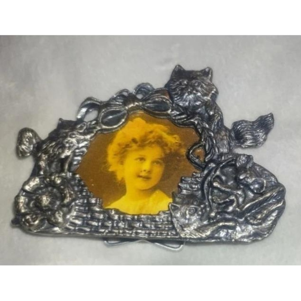 Vintage Miniature Pewter Photo Frame – Ornate Floral & Cat Design – 2.75" x 2"